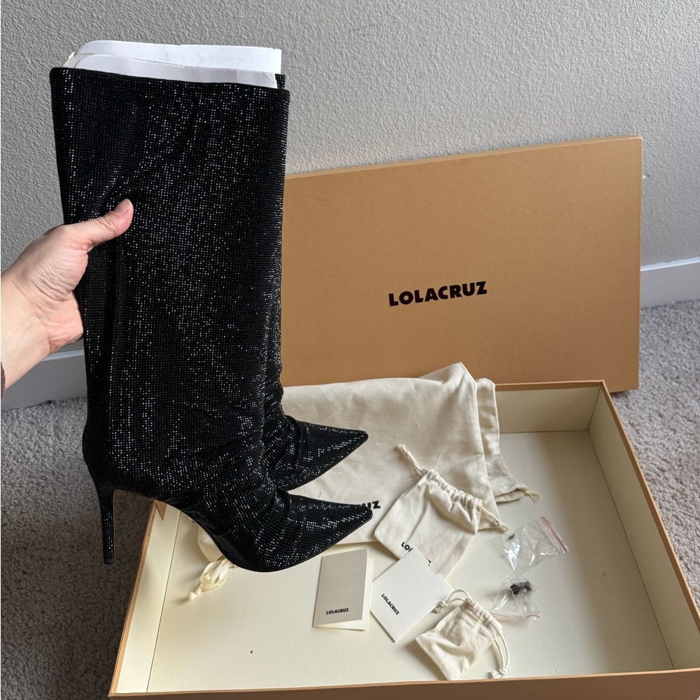 Rare Lola Cruz Fayet Rhinestone Bling Black Stiletto Point Toe Boots size 41 - Picture 2 of 12